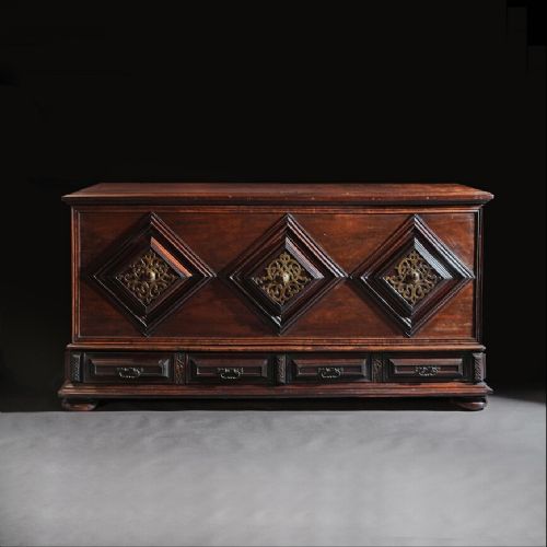 Imposing 17th Century Portuguese Colonial Mahogany and Brass Chest