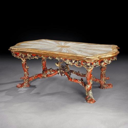 Outstanding Italian Carved Wood Polychrome Centre Table with Onyx Top by Amleto Bertoni