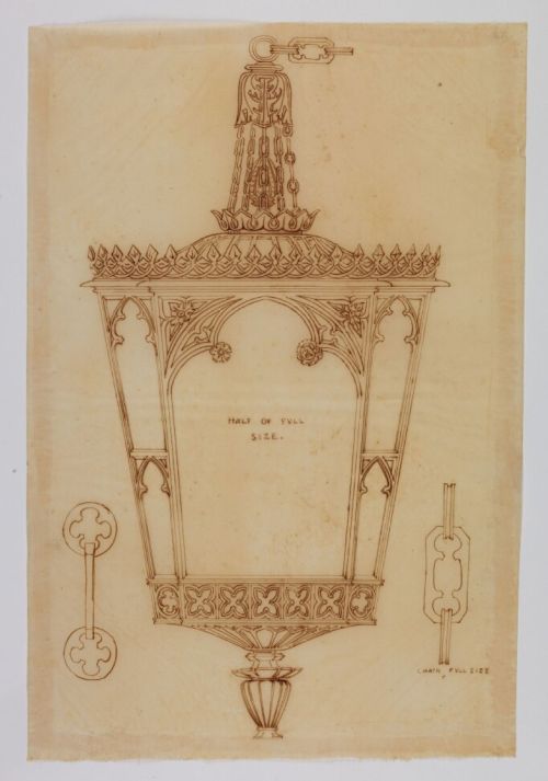fig 7. A Regency gilt brass hall lantern featuring Gothic tracery arches, glass side panels, an upper cut-glass shade, and a hanging chain.