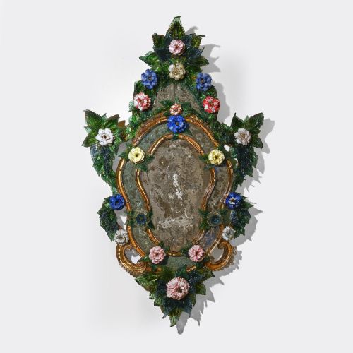fig 1. A pair of 18th-century Venetian Murano glass wall mirrors featuring decorative glass foliage, colourful glass flowers, etched central mirror plates, and gilt accents.