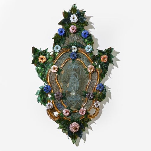 fig 2. A pair of 18th-century Venetian Murano glass wall mirrors featuring decorative glass foliage, colourful glass flowers, etched central mirror plates, and gilt accents.