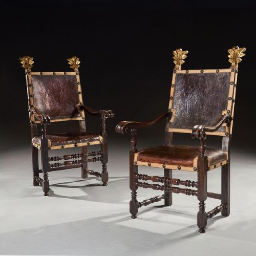 Pair of 17th Century Italian Baroque Parcel-gilt Walnut Leather Armchairs