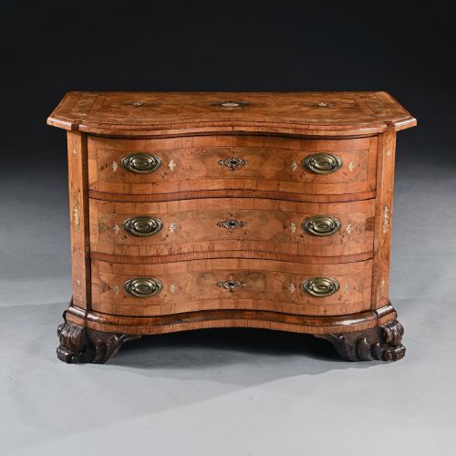Rare Mid 18th Century German Walnut Pewter and Ivory Marquetry Serpentine Commode