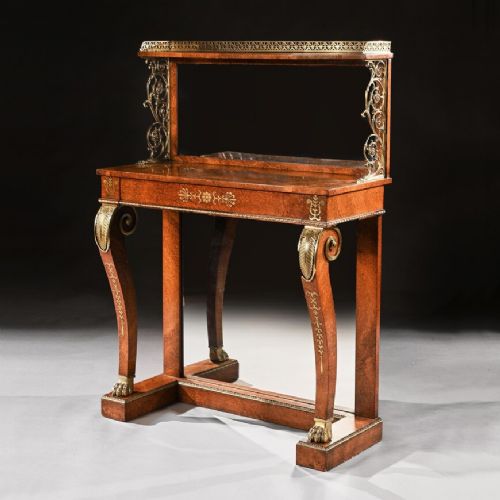 Regency Amboyna and Brass Inlaid Gilt Bronze Mounted Pier Table.