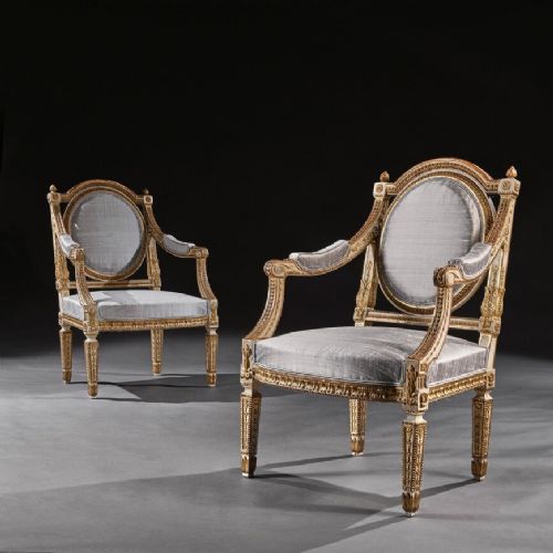 Fine Pair of 19th C Decorative Italian Painted and Parcel Gilt Armchairs of Neo-classical Design.