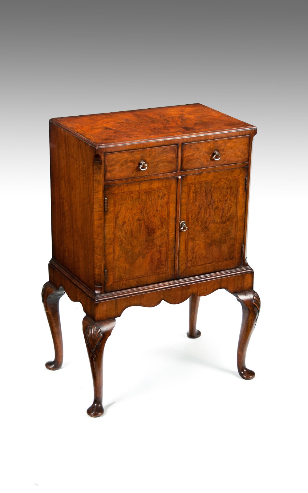 Antique Figured Walnut Side Cabinet On Cabriole Legs 