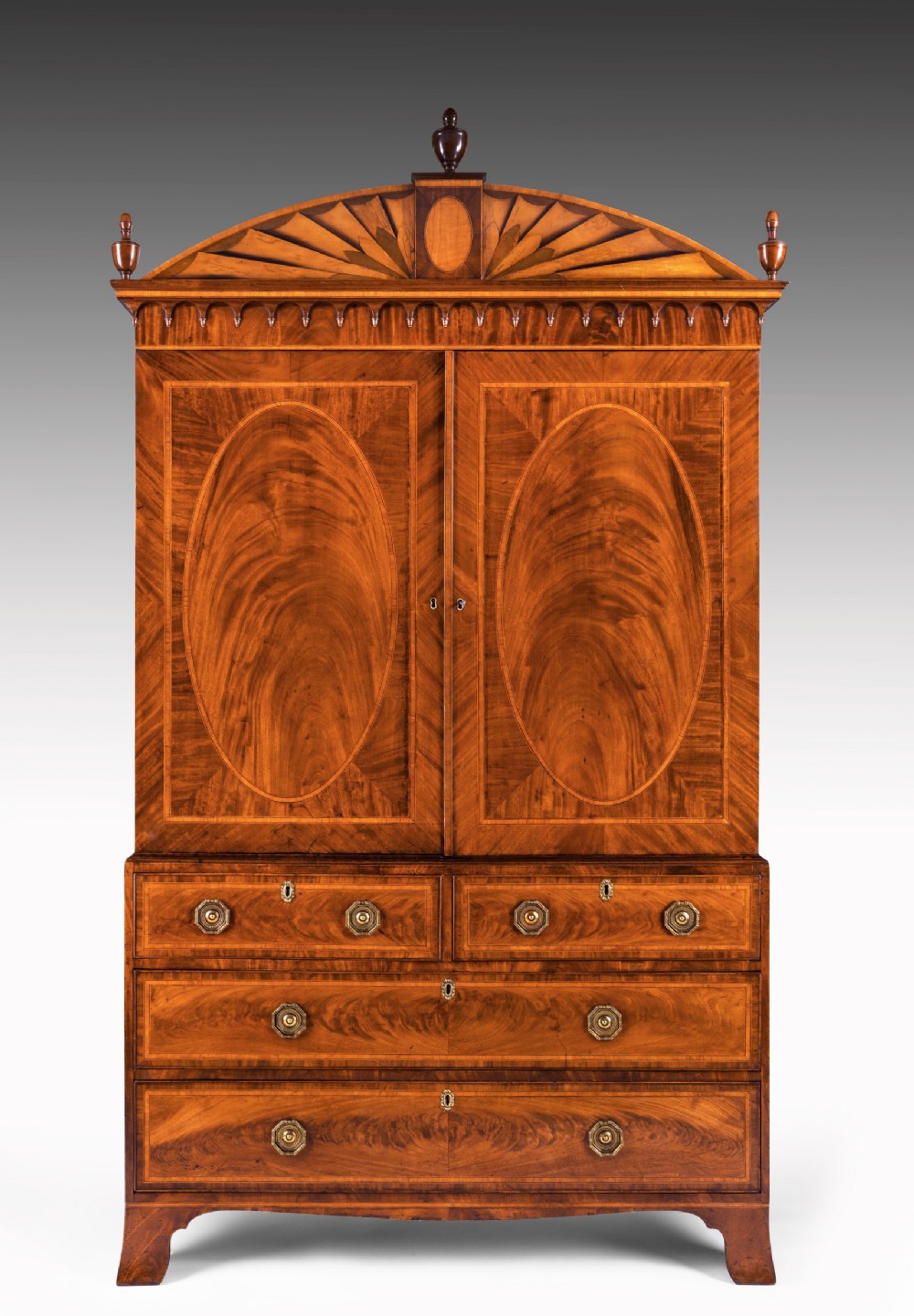 An Important Sheraton George III 18th Century Mahogany and Satinwood Linen Press 