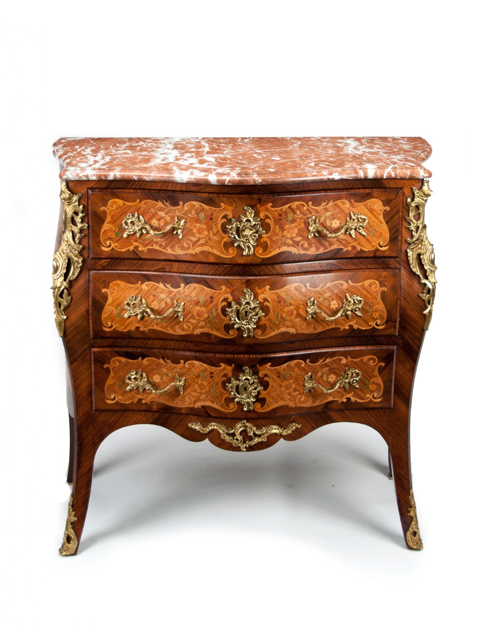 Fine French Louis XV Style Inlaid Bombe Marble Topped Commode