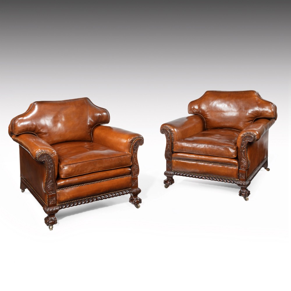 Large Pair of 19th Century Mahogany Country House Leather Armchairs.