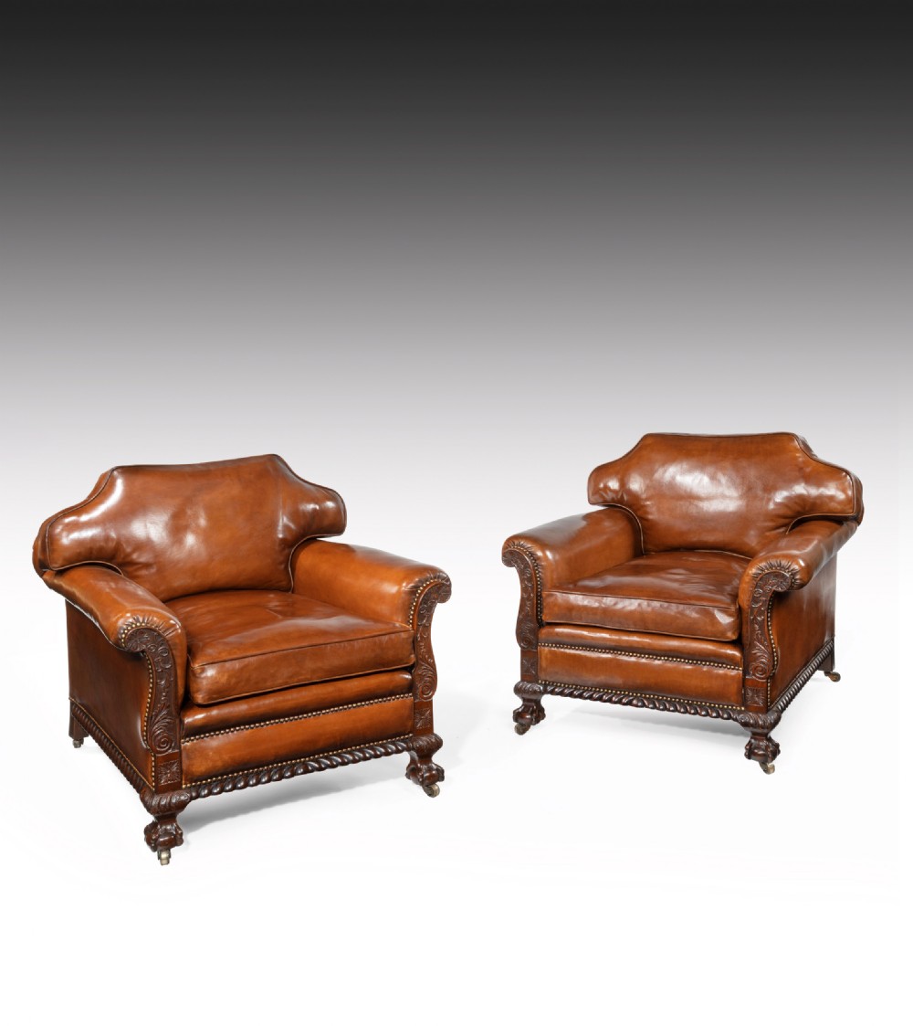 Large Pair of 19th Century Mahogany Country House Leather Armchairs. View II