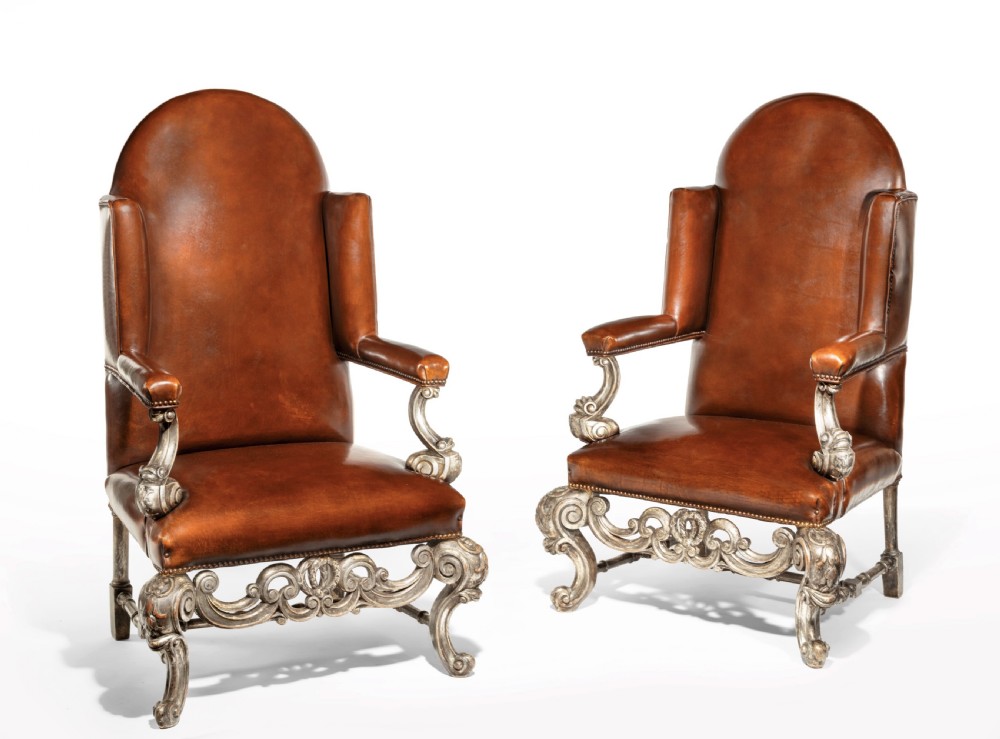 Antique Pair of Silver Gilt Leather Upholstered Wing Chairs View III