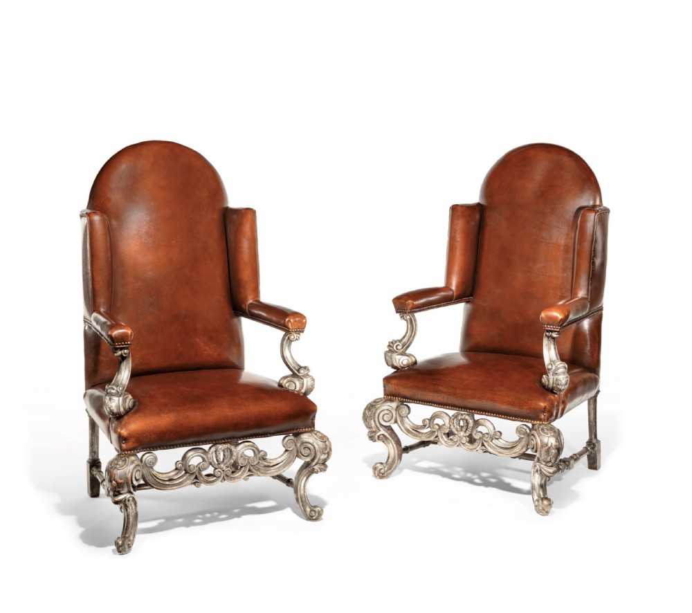 Antique Pair of Silver Gilt Leather Upholstered Wing Chairs View VIII