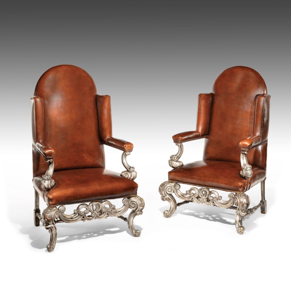 Antique Pair of Silver Gilt Leather Upholstered Wing Chairs View IX