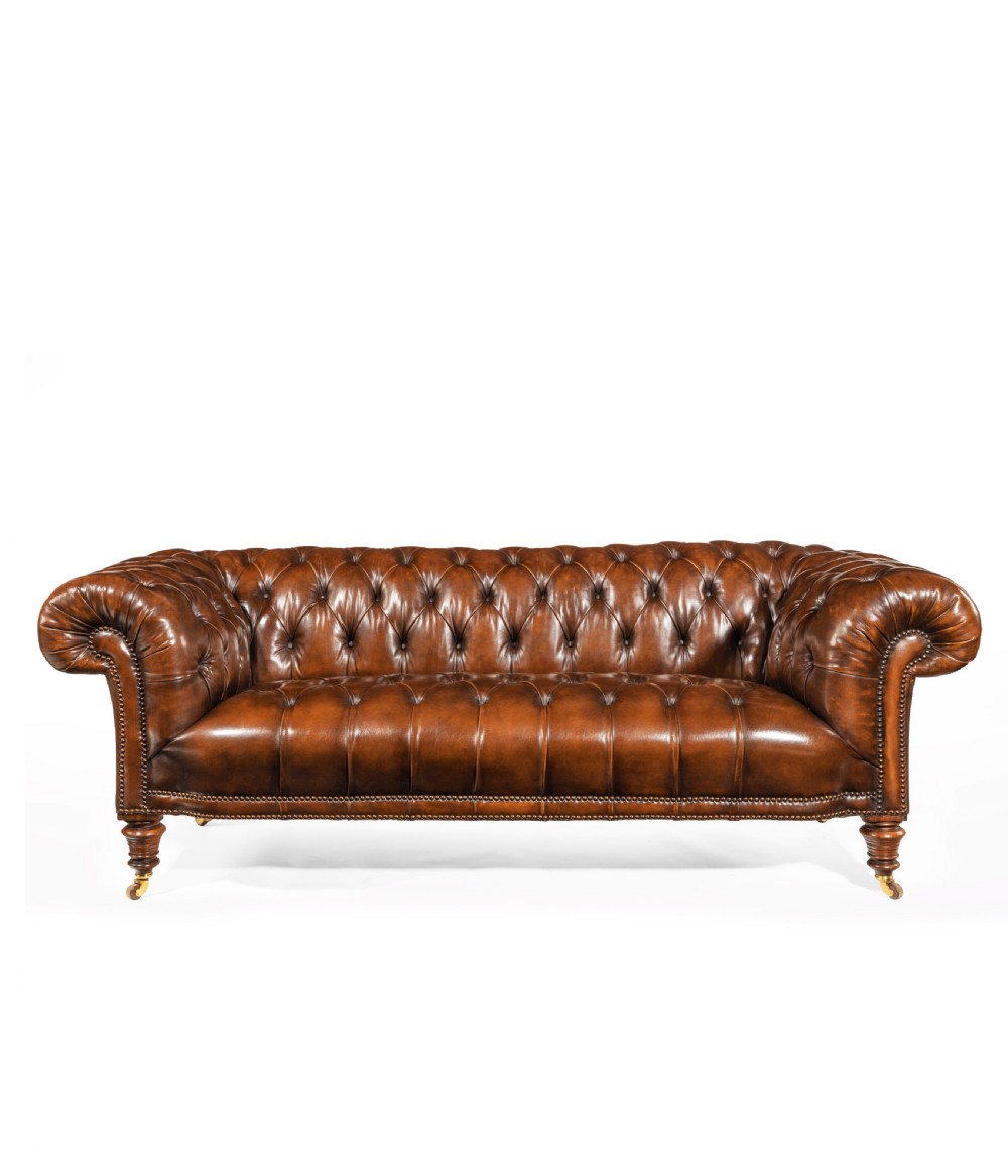 19th Century Gillows Figured Walnut Leather Chesterfield Sofa 