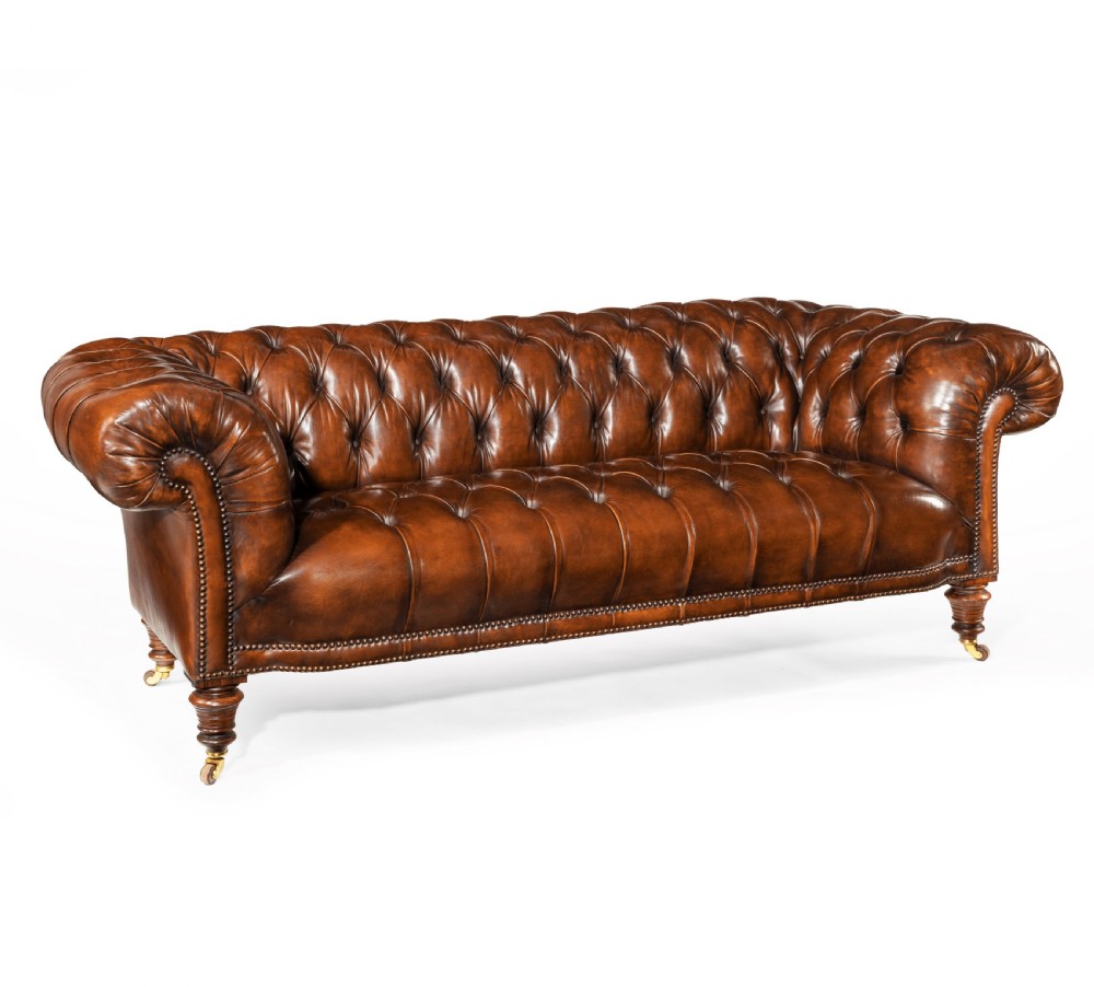 19th Century Gillows Figured Walnut Leather Chesterfield Sofa  View III