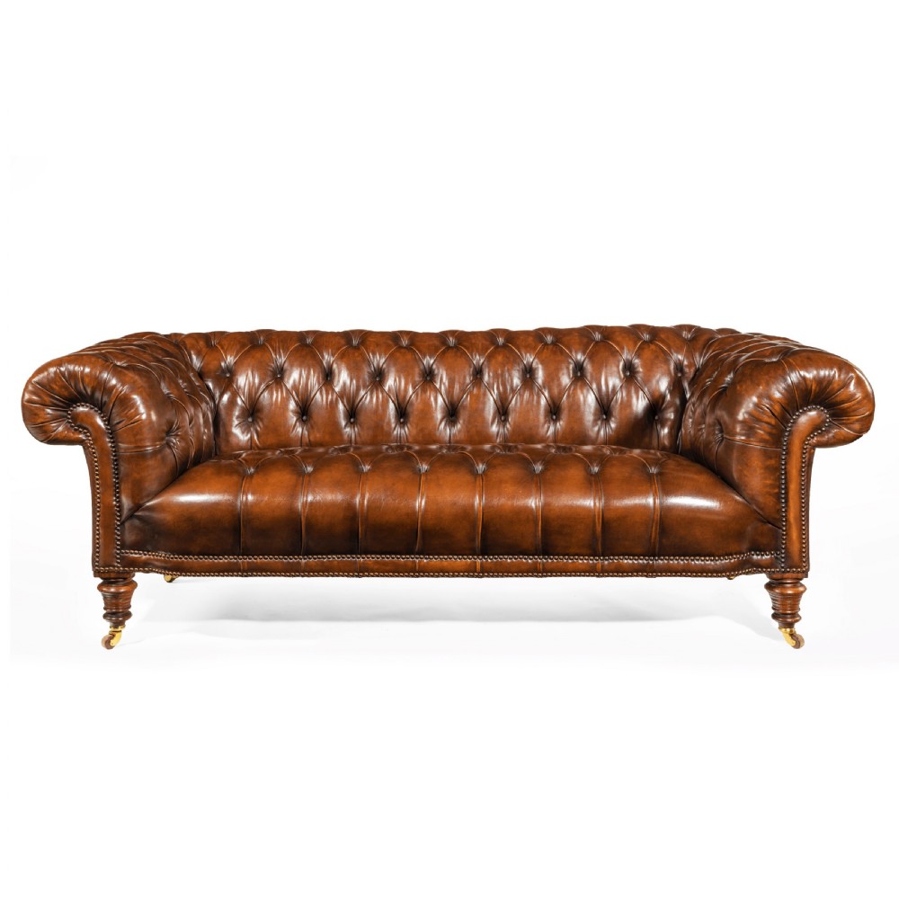 19th Century Gillows Figured Walnut Leather Chesterfield Sofa  View VI