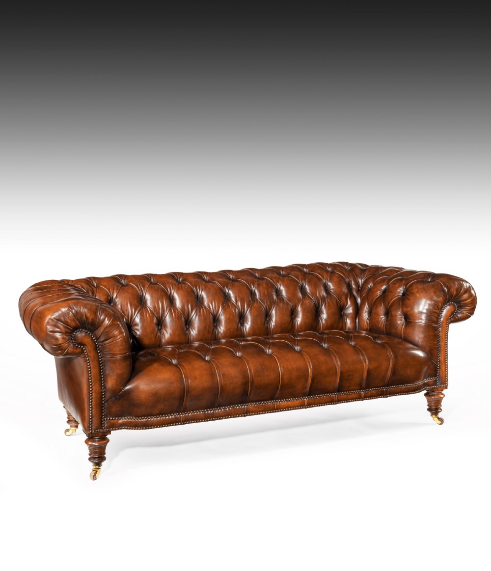 19th Century Gillows Figured Walnut Leather Chesterfield Sofa  View IX