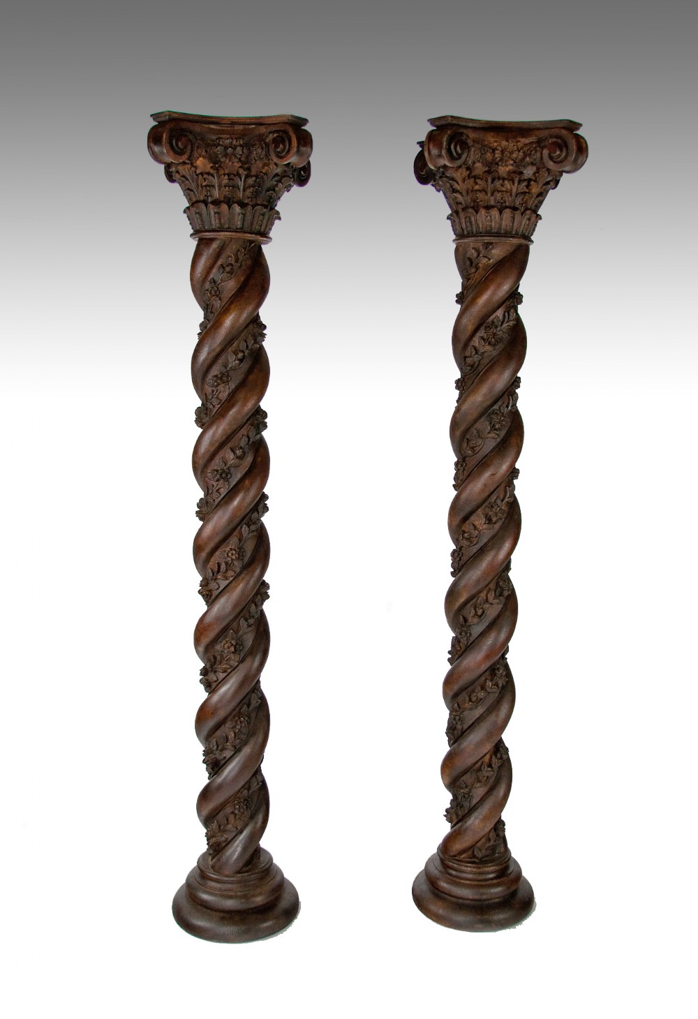 Magnificent Pair of 7ft Victorian Twisted Carved Corinthian Columns. 