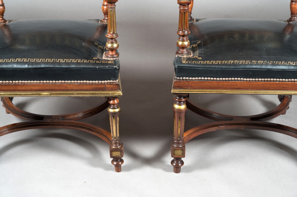 A Matched Pair of 19th Century French Brass Mounted and Leather Armchairs  View V