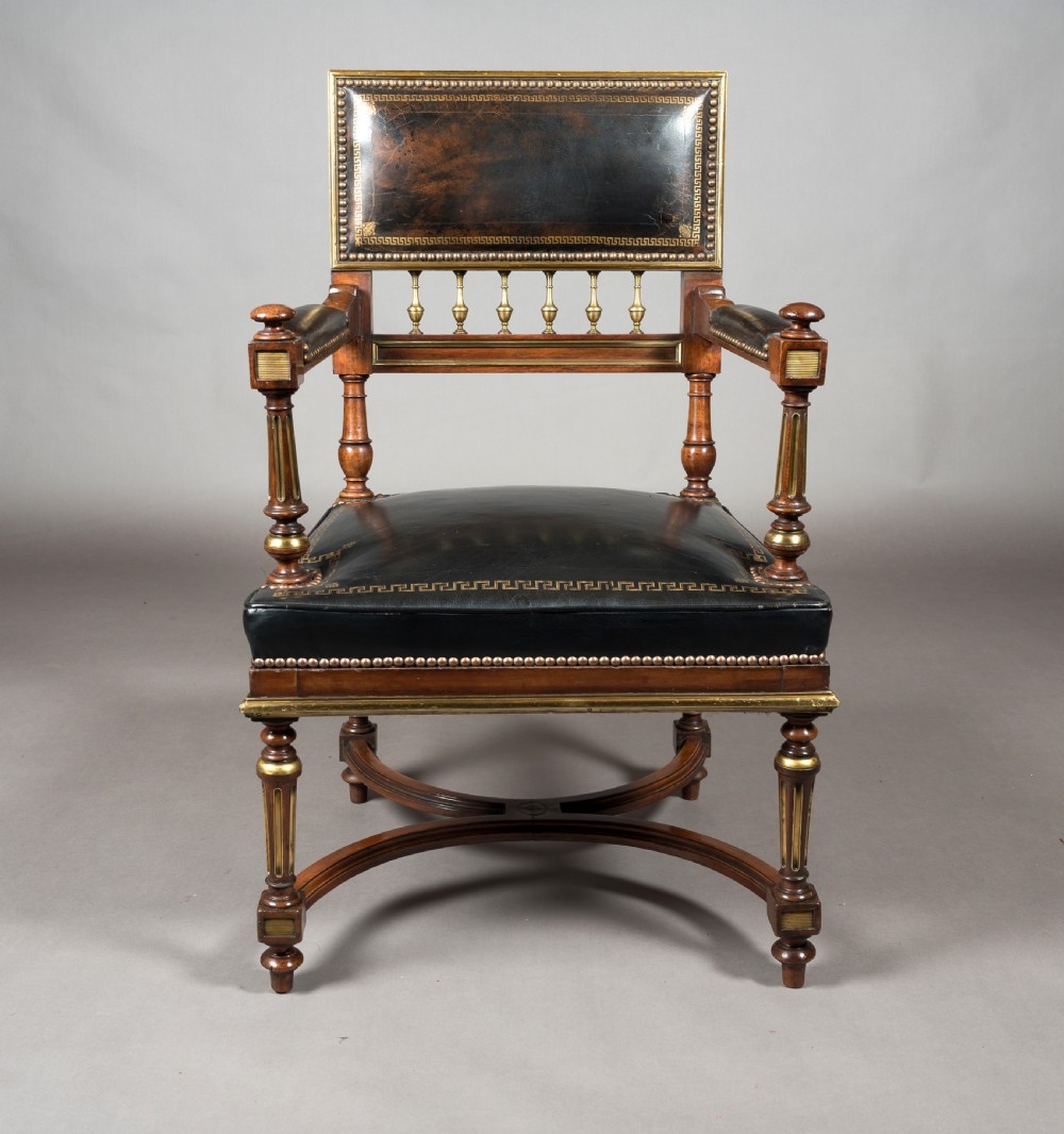 A Matched Pair of 19th Century French Brass Mounted and Leather Armchairs  View IX