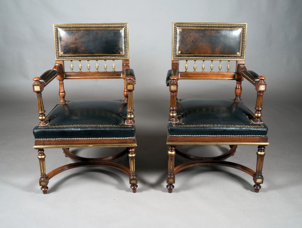 A Matched Pair of 19th Century French Brass Mounted and Leather Armchairs  View XIII