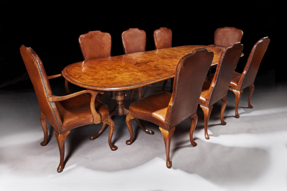 Antique Walnut Dining Table Set with 8 Leather Chairs 