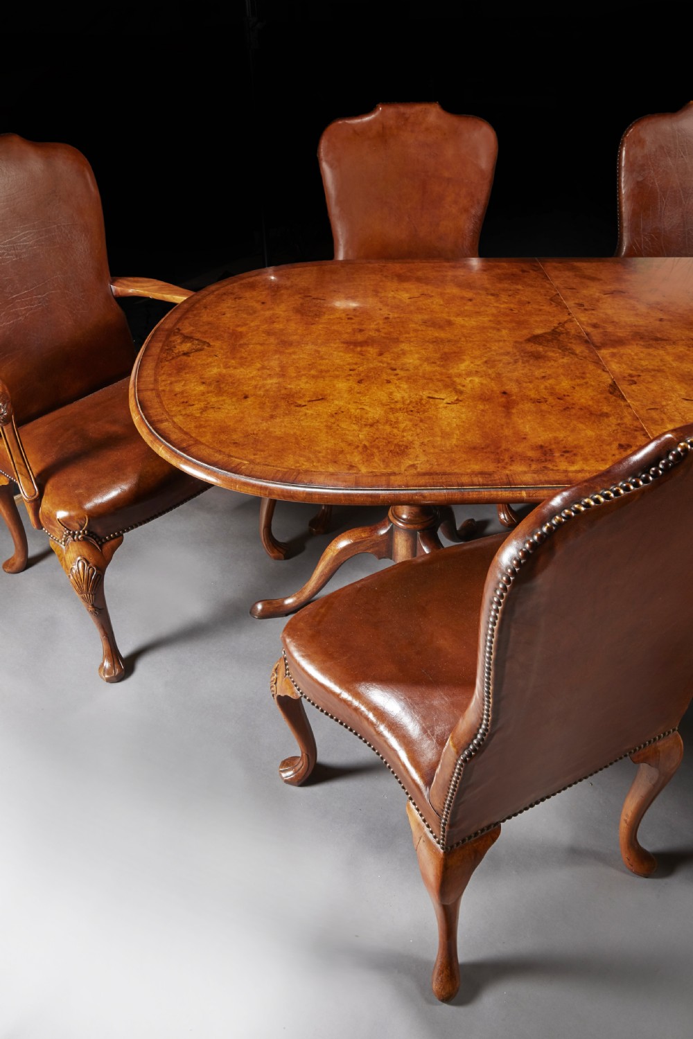 Antique Walnut Dining Table Set with 8 Leather Chairs  View III