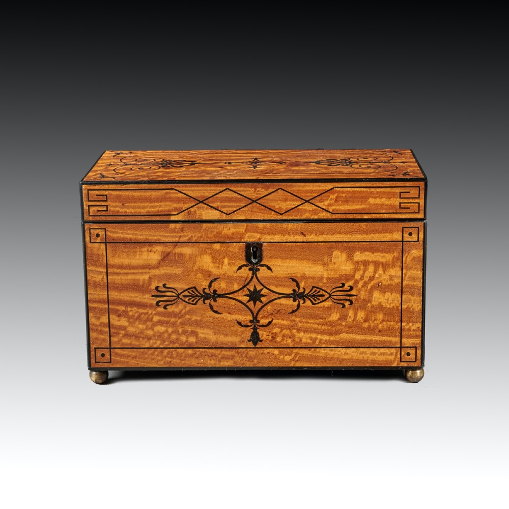 Fine Regency Figured East Indian Satinwood and Ebony Inlaid Tea Caddy