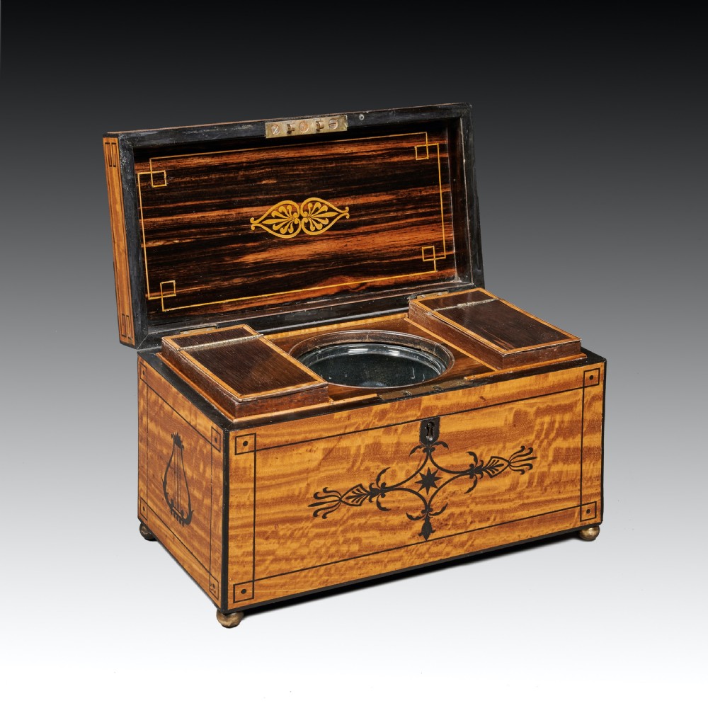 Fine Regency Figured East Indian Satinwood and Ebony Inlaid Tea Caddy View III