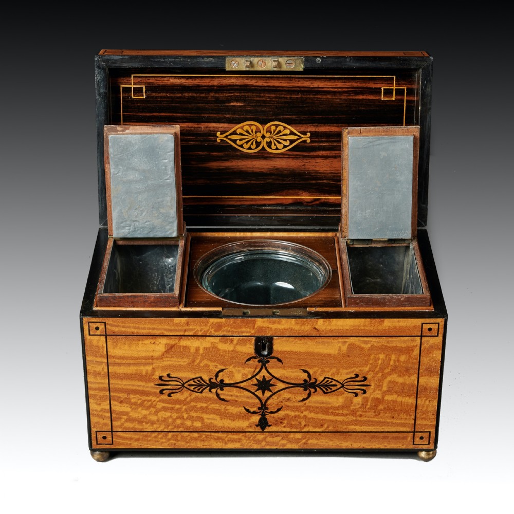 Fine Regency Figured East Indian Satinwood and Ebony Inlaid Tea Caddy View IV