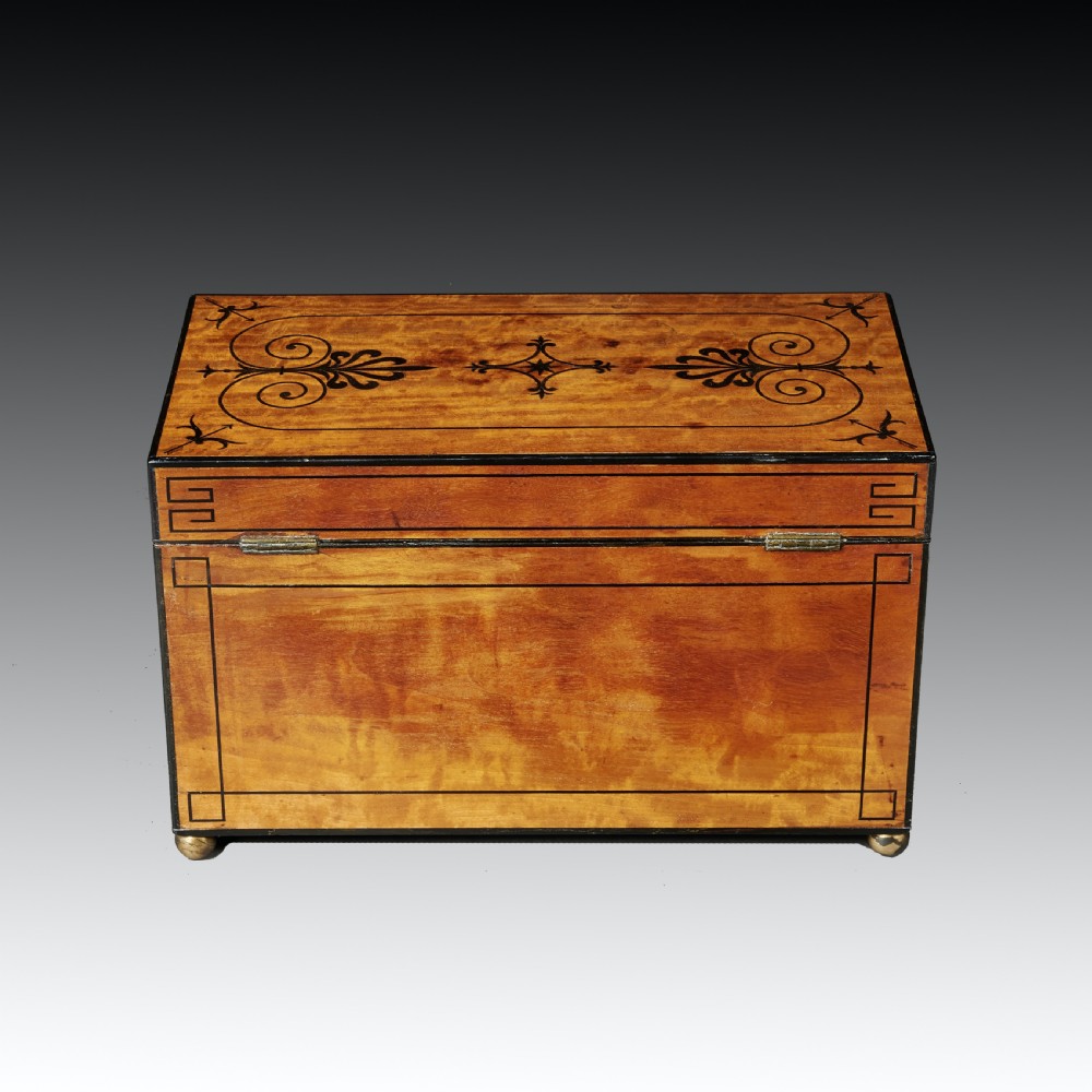 Fine Regency Figured East Indian Satinwood and Ebony Inlaid Tea Caddy View VI