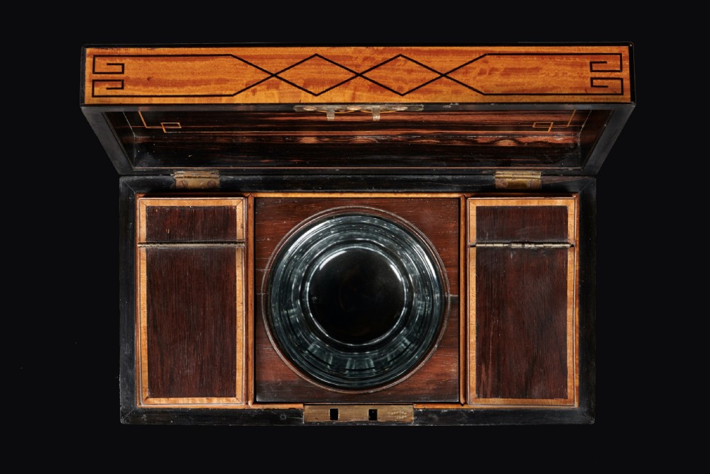 Fine Regency Figured East Indian Satinwood and Ebony Inlaid Tea Caddy View X