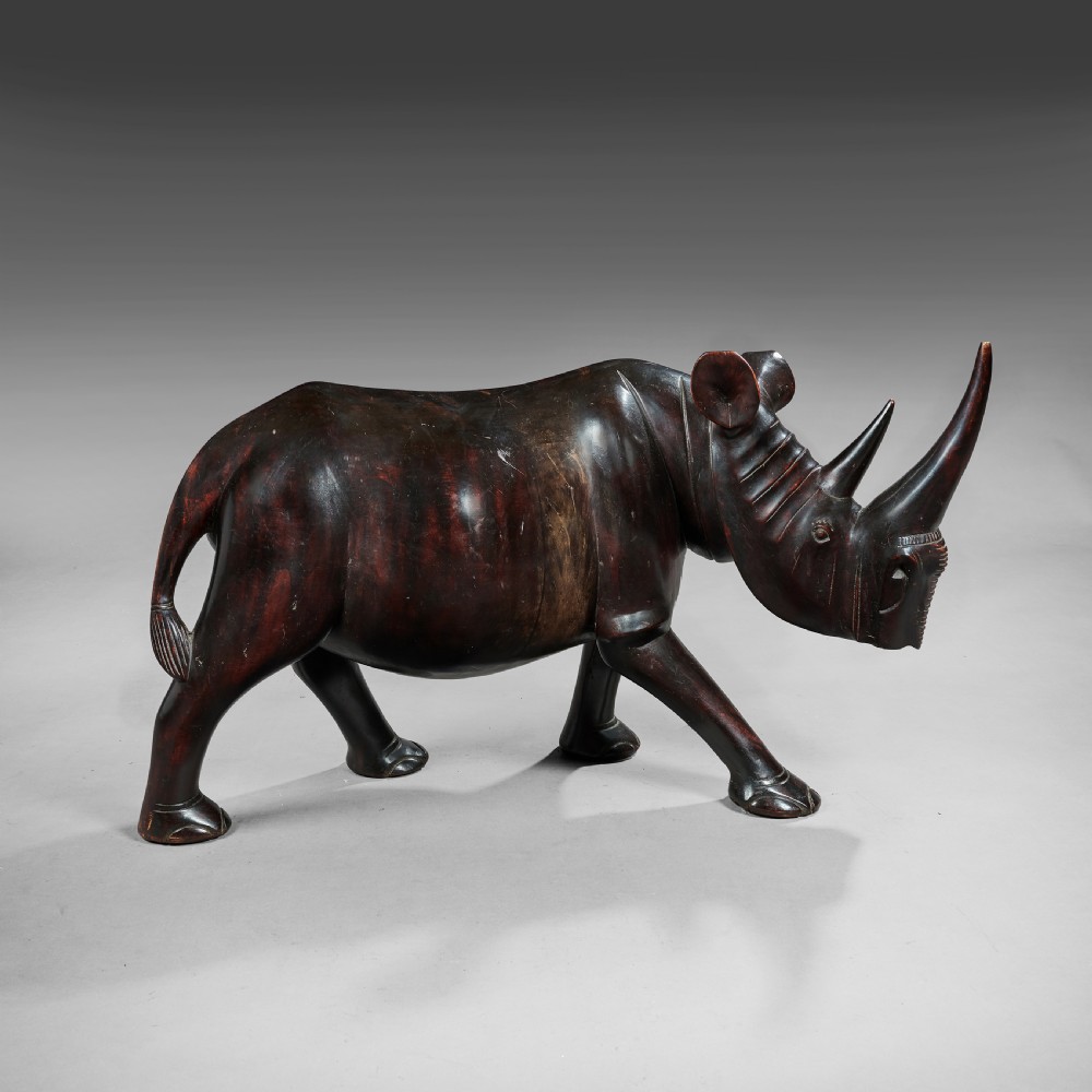Outstanding Large 2.5 ft Wide French Walnut Carved Rhino