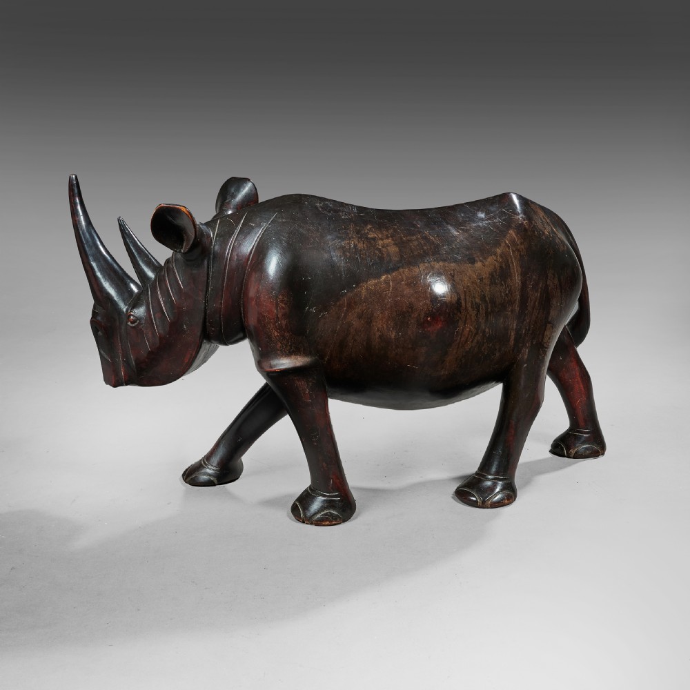 Outstanding Large 2.5 ft Wide French Walnut Carved Rhino View VI