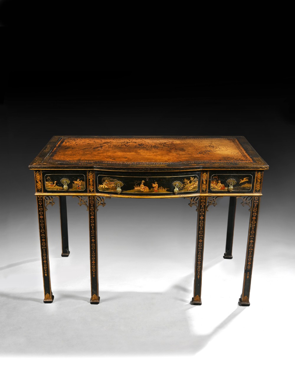 Elegant Early 20th C Black Lacquered Chinoiserie Writing Table