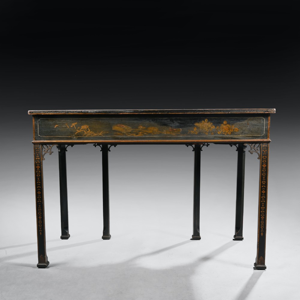 Elegant Early 20th C Black Lacquered Chinoiserie Writing Table View VI