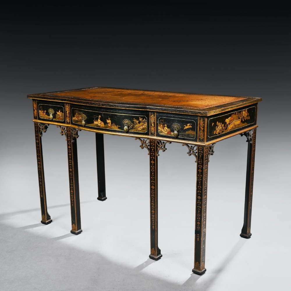 Elegant Early 20th C Black Lacquered Chinoiserie Writing Table View VII