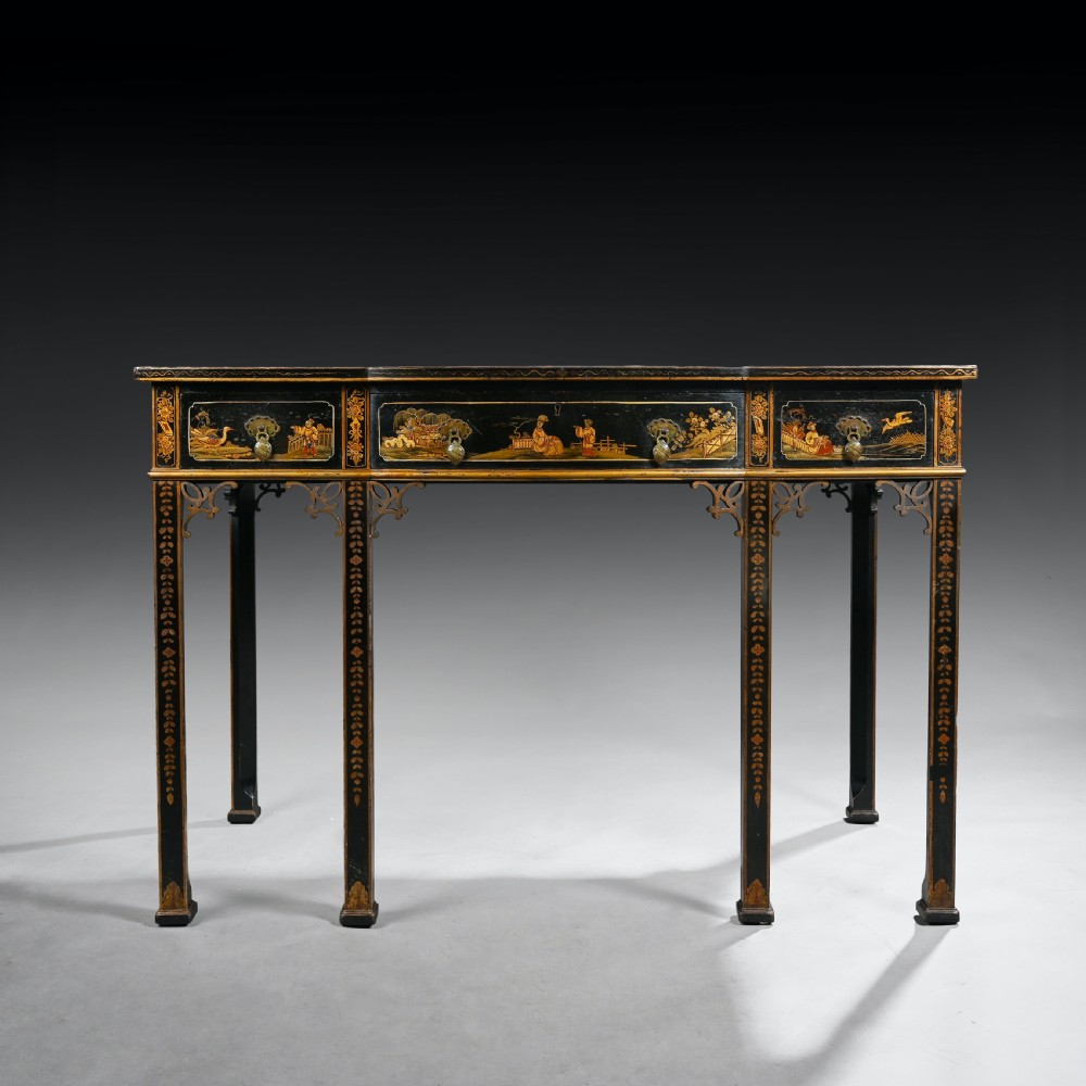 Elegant Early 20th C Black Lacquered Chinoiserie Writing Table View VIII