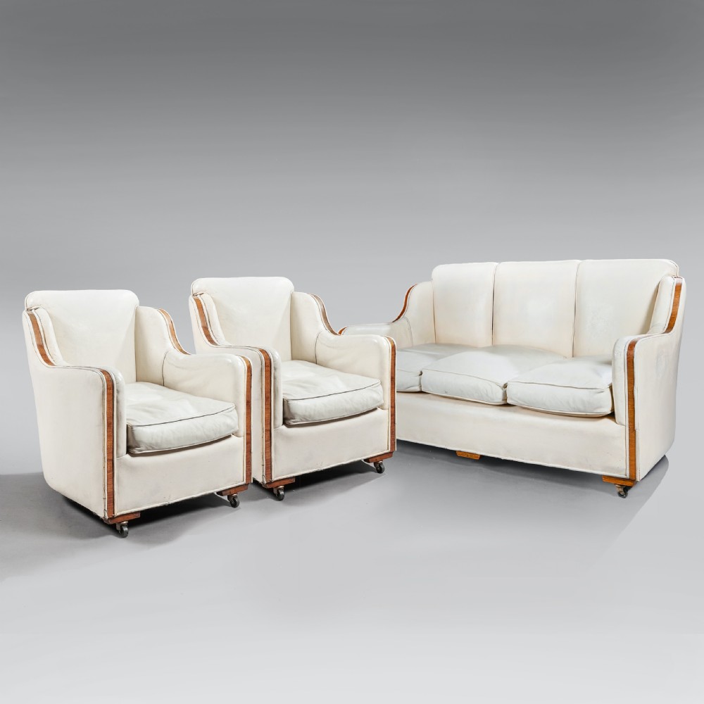 Rare Epstein Art Deco Walnut and Leather Three Piece Suite 