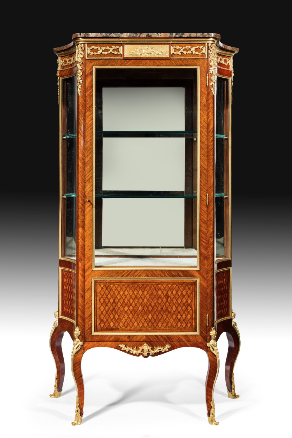 Fine 19Th Century French Kingwood Parquetry Shaped Vitrine 