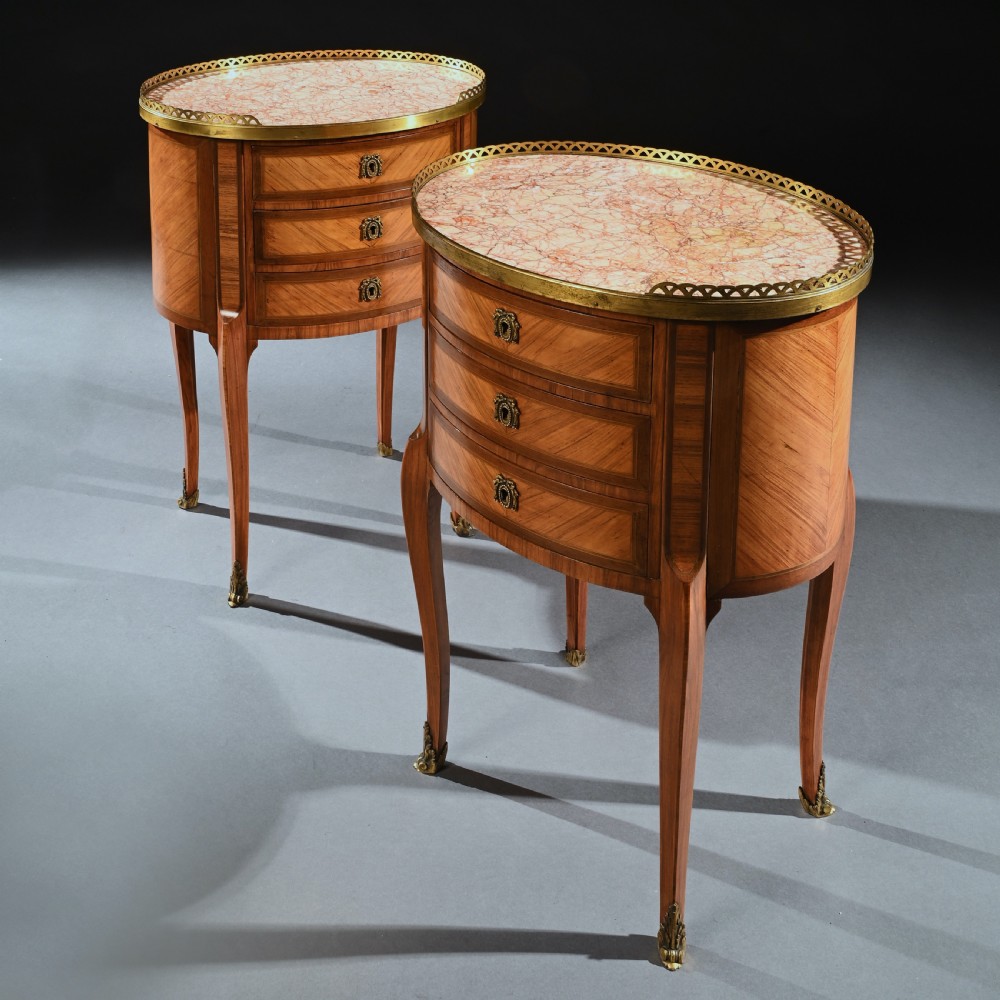 Fine Pair of Late 19th Century Oval Kingwood and Marble Bed Side Tables, Stamped P Chorier View XII