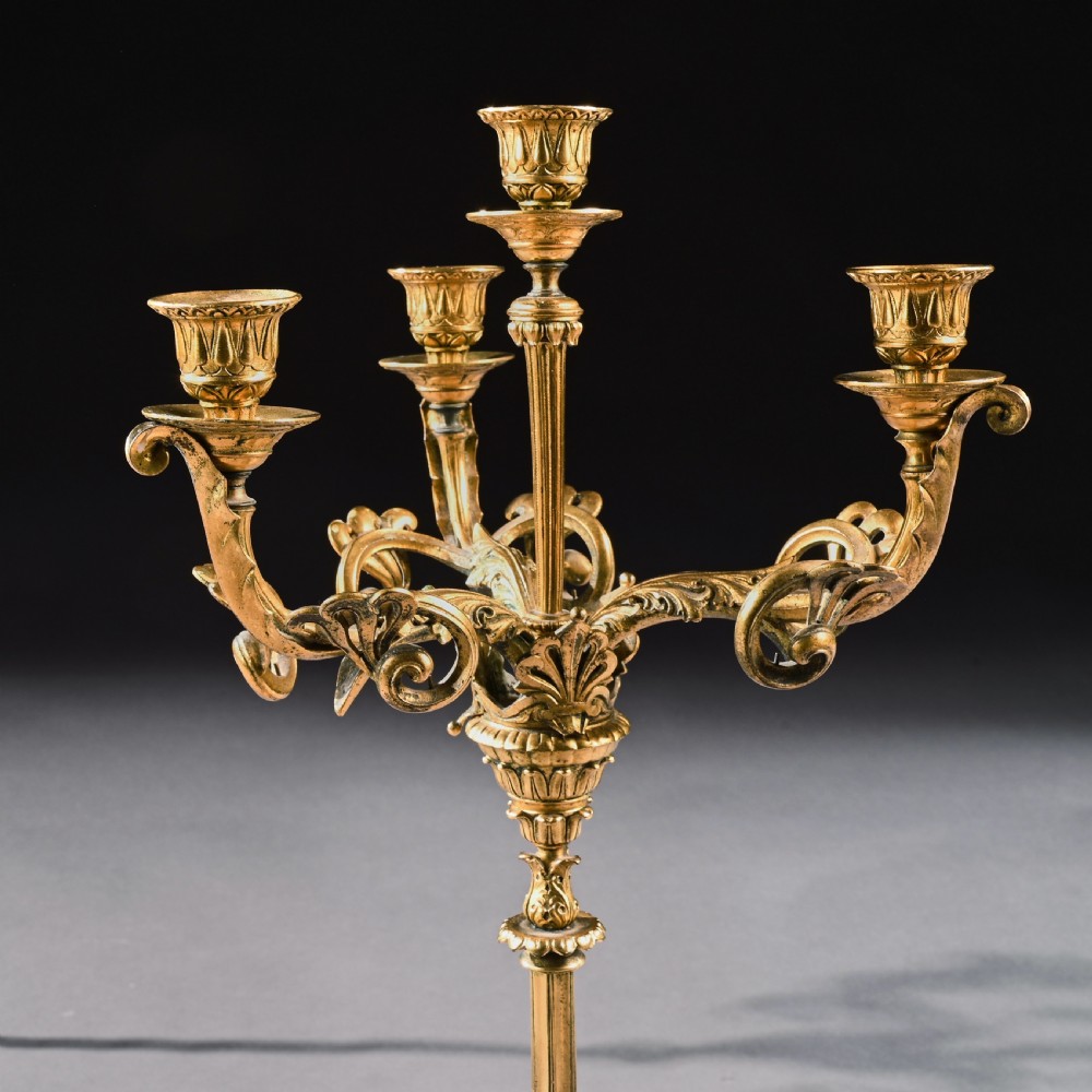 Elegant Pair of 19th Century Gilt Brass Candelabra by Elkington & Co View V