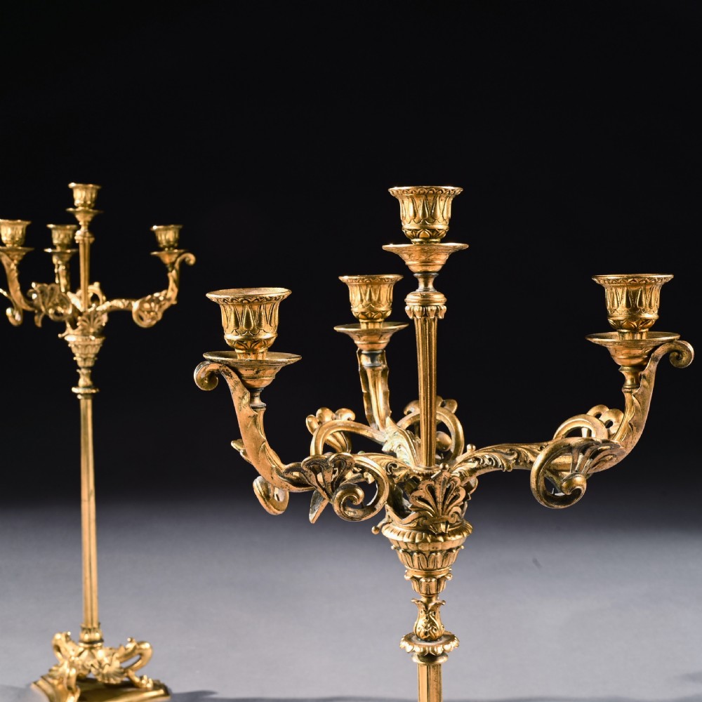 Elegant Pair of 19th Century Gilt Brass Candelabra by Elkington & Co View VI