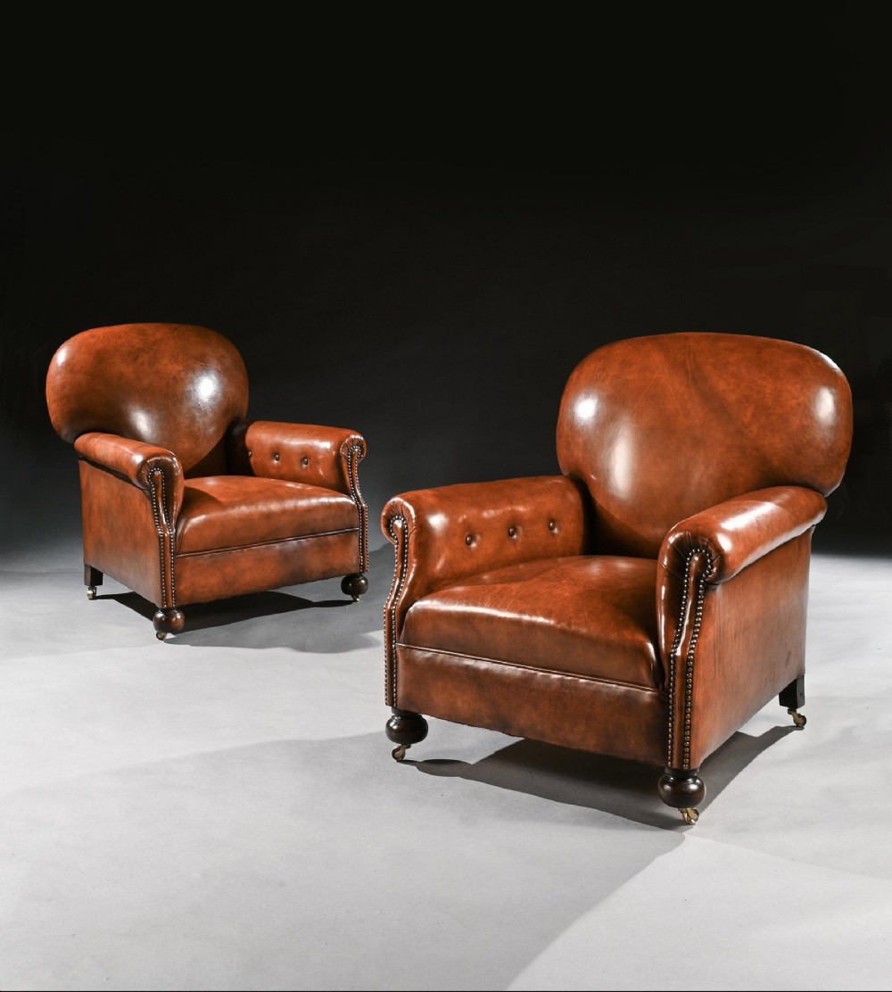 Antique Pair of Edwardian Leather Upholstered Club Armchairs