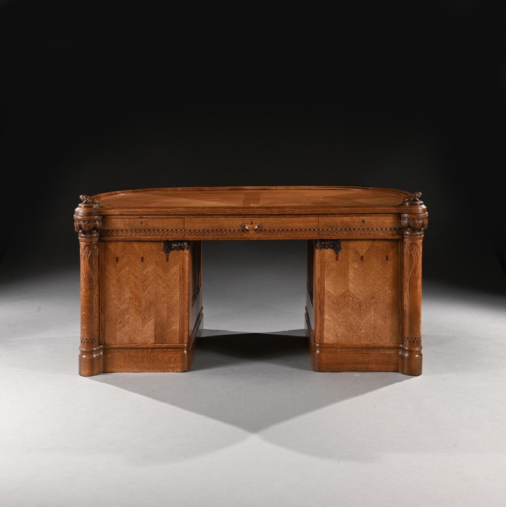 North European Art Nouveau Demi-lune Shaped Oak Pedestal Writing Desk