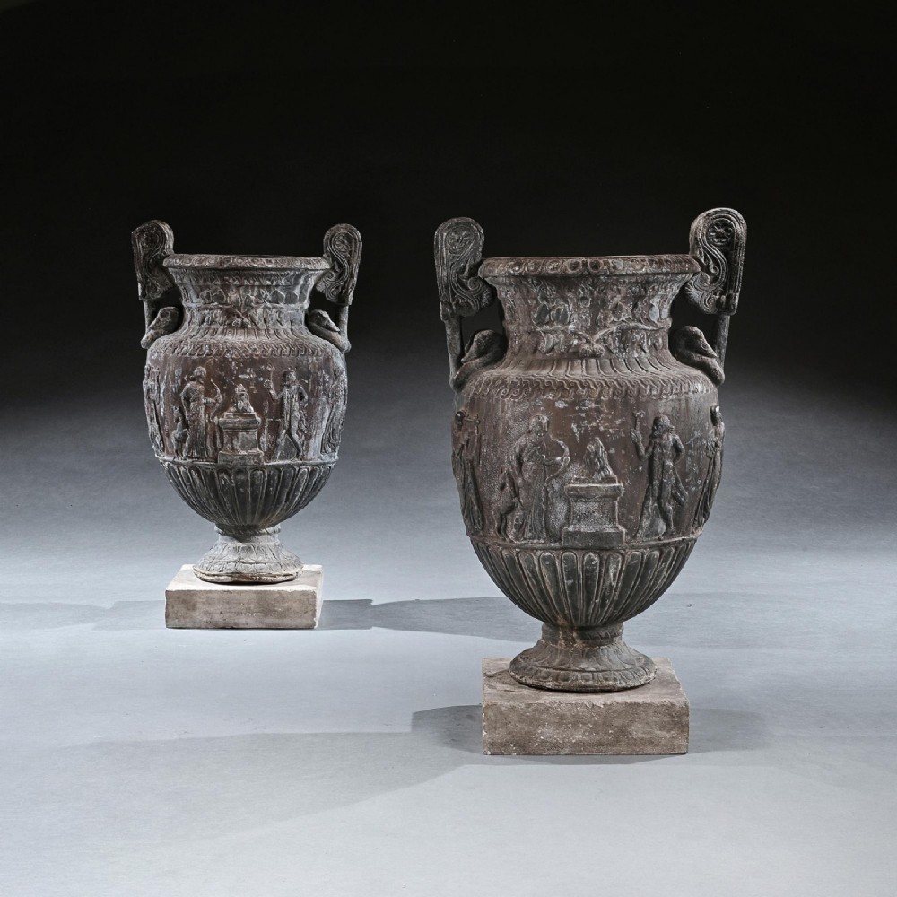 Imposing Pair of French Ornamental Lead Vases Based on the Sosibios Vase Early 20th Century
