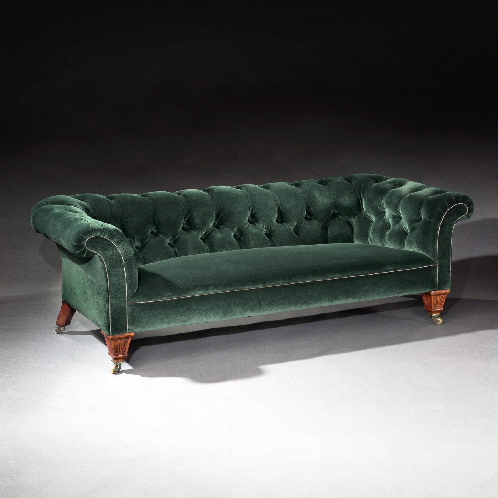 19th Century C Hindley and Sons, London Victorian Chesterfield Sofa Upholstered in a Green Velvet.
