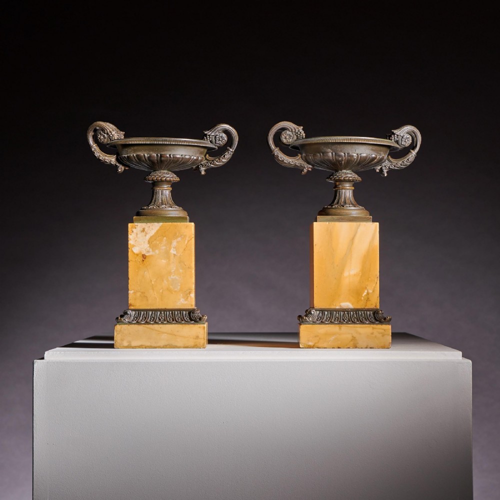 Early 19th Century French Bronze and Marble Tazzas With Cornucopia Handles