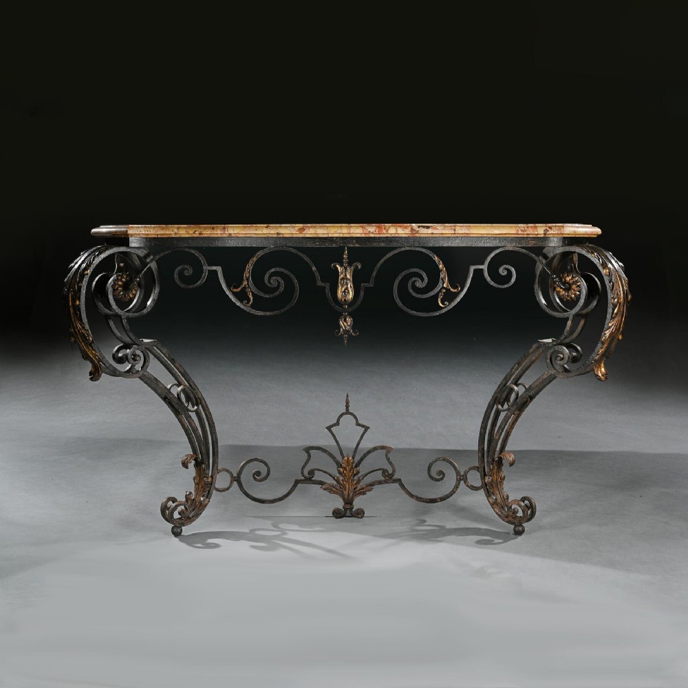 19th Century French Wrought Iron and Parcel Gilt Breche D Alep Marble Top Console Table