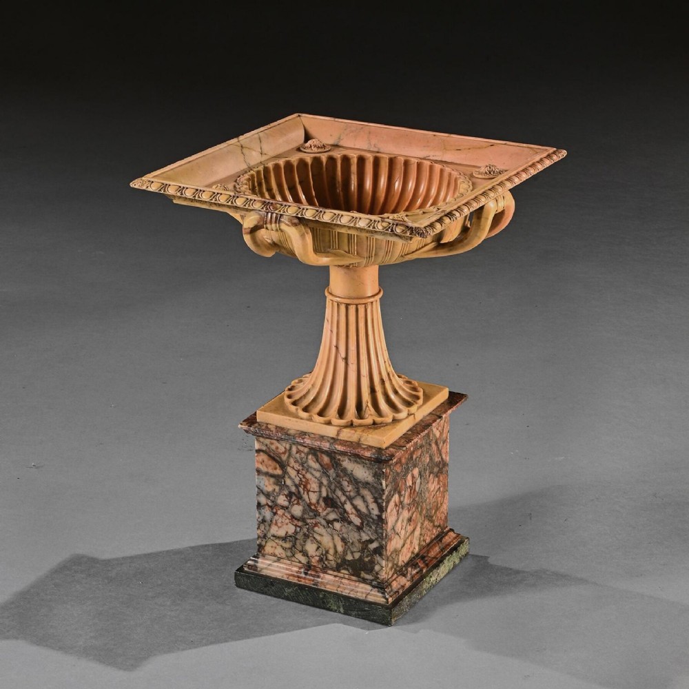 An Exquisite Giallo Antico Tazza of Unusual Square Section With Finely Carved Interior Attributed to Benedetto Boschetti
